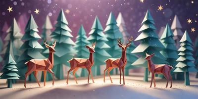 The primary subject of the image is a group of three deer standing in a snowy forest. The setting is a snowy landscape with trees in the background. The visual style is a combination of digital art and illustration, creating a realistic and detailed representation of the deer in their natural environment. The colors and mood of the image are predominantly white and cold, reflecting the snowy and wintry atmosphere.